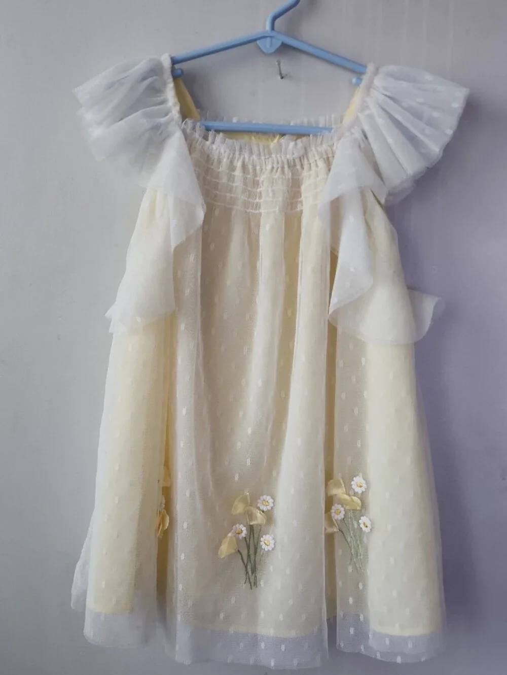 Biscotti Pale Yellow and White Floral Tulle Dress. New Without Tag